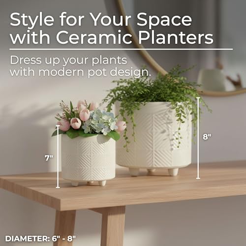 Set of 2 Ceramic Planter Pots – Indoor Planters for Plants, Patio Or Garden Outdoor Decor, Sculpted Petal Design – Home Decor, Ceramic Planters