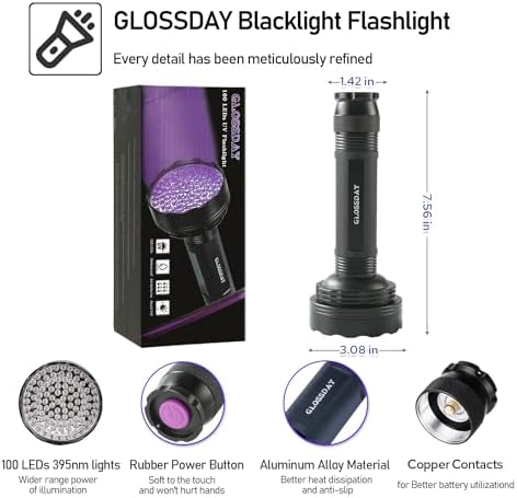 GLOSSDAY Blacklight Flashlight,128 LED UV Flashlights, Upgraded Bright Ultraviolet Flashlight Professional Black Light for Dog/Cat, Hunting Scorpions