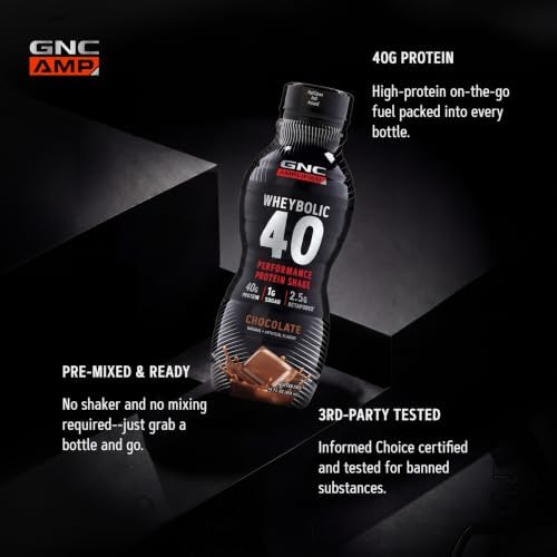 GNC AMP Wheybolic 40, Chocolate, 14 oz, 12 Bottles | Ready to Drink Whey Protein with 40G Protein and Betapower to Support Strength