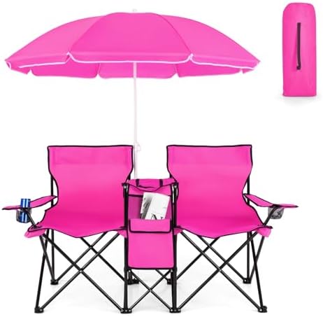 COSTWAY Double Portable Picnic Chairs, Folding Camping Chairs w/Detachable Umbrella, Cooler Bag, Cup Holders, Patio Beach Camping Chairs for Outdoors, Blue | Detachable Umbrella, Cooler Bag, Cup Holders, Patio Beach Camping Chairs for Outdoors, Blue