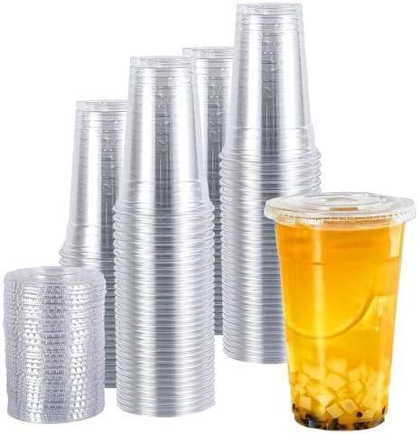 TashiBox Plastic Cups with Flat Lids 100 Sets 16 oz, Clear Crystal drink cups with lids