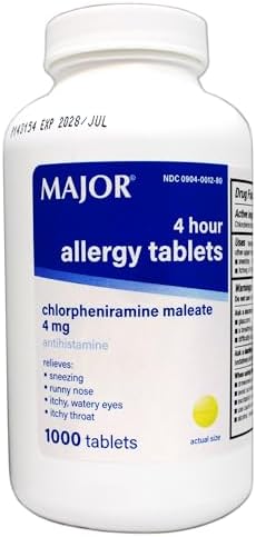 Major Allergy Tablets, Chlorpheniramine Maleate 4 mg, Antihistamine 4 Hour, 1000 Tablets