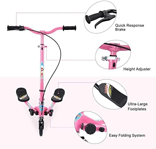 Swing Scooter for Kids, 3 Wheels Foldable Wiggle Kick Scooter Push Drifting with 4 Adjustable Handlebar & 2 Rear LED Wheel for Boys and Girls Ages 3-8