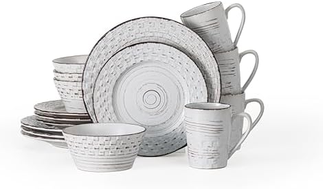 Lorren Home Trends Distressed Weave Dinnerware Set, Buttercup, 16 Piece | Service for 4