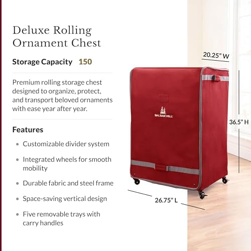 Balsam Hill Deluxe Rolling Ornament Chest - 120pc Christmas Decoration Storage with Dividers & Trays