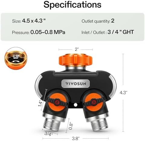 VIVOSUN Garden Hose Splitter 4 Way, Heavy Duty Water Hose Connector 3/4", Water Hose Manifold