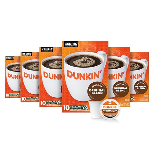 Dunkin’ Original Blend Medium Roast Coffee, Keurig K-Cup Pods, 60 Count | 6 boxes of 10 single serve coffee pods each, Rich & smooth flavor, Made with arabica coffee, Shelf stable, SNAP EBT eligible