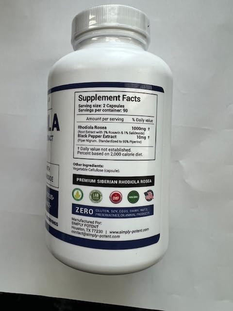 Simply Potent Siberian Rhodiola Rosea Capsules, Max Absorption Rhodiola 1000mg 180 Pills with 10mg Bioperine