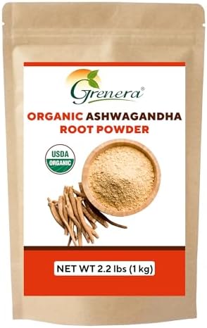 Grenera Organic Ashwagandha Root Powder | 2.2 lbs (1 kg) | USDA Organic, Vegan, Kosher Certified | Non-GMO, Gluten Free | Ashwagandha Powder for Smoothies, Drinks, Recipes | Lab Tested