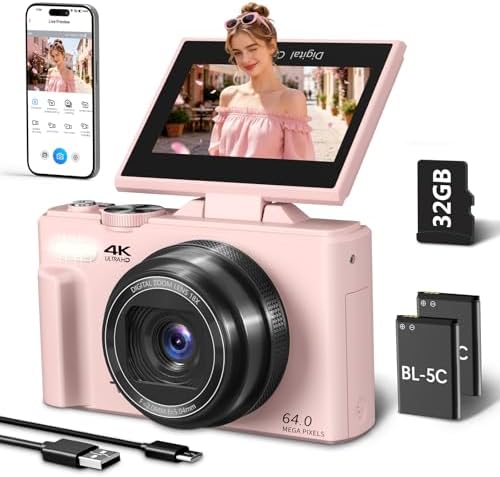 4K Digital Camera for Photography, 64MP Vlogging Camera for YouTube with 3" 180° Flip Screen, WiFi Compact Camera with 18X Digital Zoom, Comes with 32GB Micro SD Card & 2 Batteries, Black