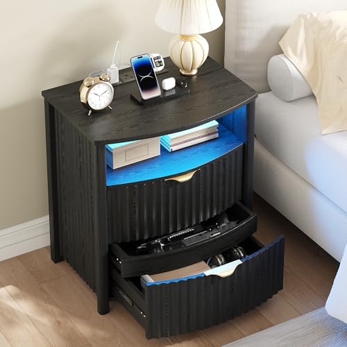 Dystler Fluted LED Night Stand with Hidden Gun Drawer & Charging | 19.7" W Curved Smart Bedside Table, 3-Color LED lights, 2 Drawers, Nightstand with Card-Lock, End Table for Bedroom, Walnut