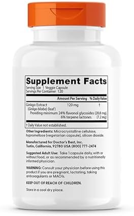 Doctor's Best Extra Strength Ginkgo Biloba Capsules 120 mg - Brain Supplement for Memory and Focus Support, Herbal Cognitive Health Support- 120 Count (Pack of 1)