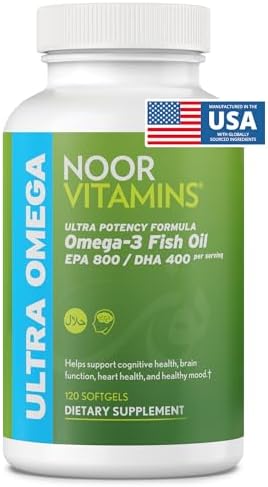 Noor Vitamins Halal Fish Oil, Halal Vitamins, Ultra Omega 3 Wild Peruvian Fish (800 mg EPA & 400 mg DHA) Heart, Brain & Joint Support