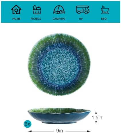 Melamine Pasta Bowls Large Salad Bowls Set 9 inch Sets of 6 pcs Soup Bowls Wide Shallow Flat Turquoise Teal Round Dinnerware Tableware Dishwasher