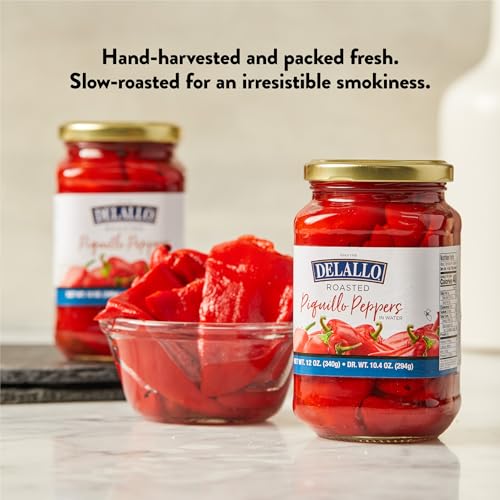 DeLallo Roasted Piquillo Peppers, 12 oz. Jar, (12 Pack), All Natural, Gluten Free, Ready-To-Use, Vegan, Kosher, Sweet Smoky Flavor Red Peppers