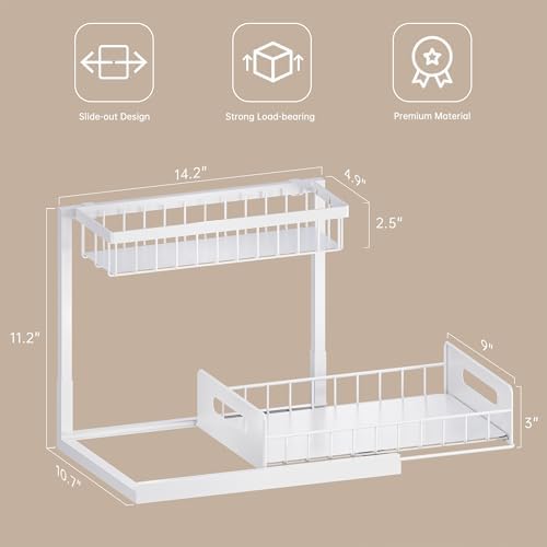 Under Sink Organizer and Storage 2 Pack, Slide Out Cabinet Organizer, Pull Out Sink Shelf for Kitchen Bathroom Laundry, White