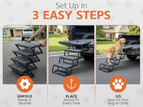 Foldable Dog Stairs for Cars Trucks & SUVs - Heavy-Duty Carbon Steel Pet Ladder Supports 230LB - Non-Slip Metal Mesh Joint-Friendly Portable Ramp for Large Dogs - 5 Step Pet Stairs w/Mat