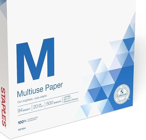 Staples Multipurpose Copy Paper, 8.5x11, 20lb, 94 Bright, 10 Reams/Carton | 5,000 white sheets total. Smooth finish reduces jams in copiers, laser & inkjet printers.