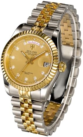 41MM Men's Gold Plated Stainless Steel Waterproof Quartz Watch Luxury Wristwatch with Date Week Display