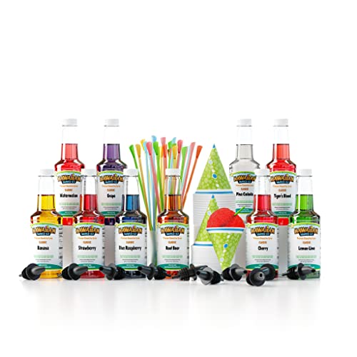Hawaiian Shaved Ice Syrup Assortment with 10 - 16oz Bottles, 50 Snow Cone Cups, 50 Spoon Straws