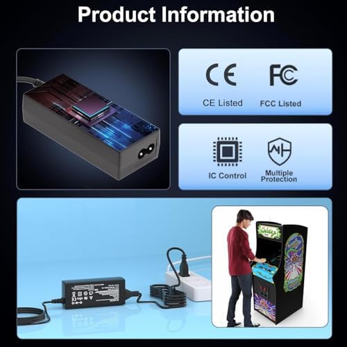 12V Power Cord for Arcade1up Machines - Instant Revival Replacement Charger for 3/4 Scale Cabinets & Cocktail Tables