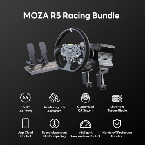 MOZA R5 All-in-One PC Gaming Racing Simulator 3PCS Bundle: 5.5Nm Direct Drive Wheel Base, 11-inch Racing Wheel, Anti-Slip Pedals and a Desk Clamp