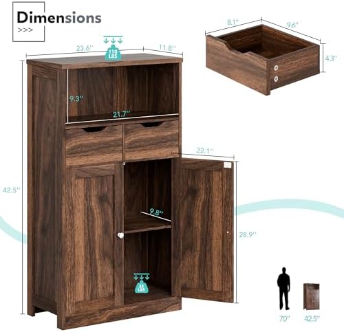Vongrasig Bathroom Storage Cabinet, 42.5" H Freestanding Floor Cabinet | Wooden Modern Cabinet with 2 Drawers, Open Shelf and Adjustable Shelf for Bathroom, Laundry Room and Entryway, White