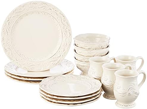 Firenze Ivory 16-Piece Ceramic Dinnerware Set, Service for 4 – Embossed Plates