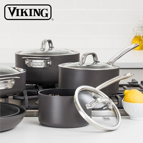 Viking Non Stick Sauce Pan with Glass Lid, 1 Quart Hard Anodized Nonstick Saucepan Cooking Pot, Dishwasher and Oven Safe, Induction Ready, Gray