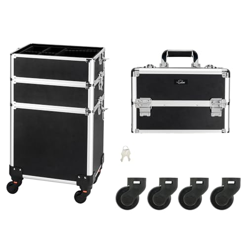 mefeir 4 in 1 Rolling Makeup Train Case, Aluminum Makeup Travel Organizer Cosmetic Case, Cosmetology Display Suitcase on Wheels, Beauty Storage Luggage Lockable w/4 Removable Wheels (Black)