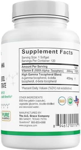 UNIQUE E A.C. Grace Company Mixed Tocopherols 120 Soft Gels, Supports Healthy Brain Function, General Health, and Aging Support