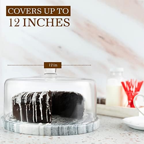 Marble Cake Stand with Glass Dome Cover | 12.5" Natural Marble Cake Plate, 12" 100% Handblown Glass Lid