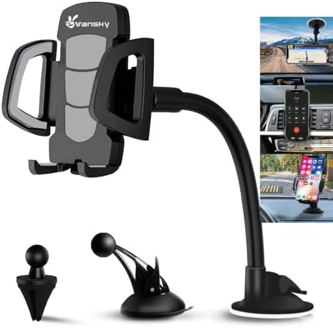 Vansky Stable Car Phone Holder: Clear Picture Even Over Speed Bumps | 3-in-1 Mount for Windshield Dashboard & Air Vent - Rock-Solid Grip on Potholes