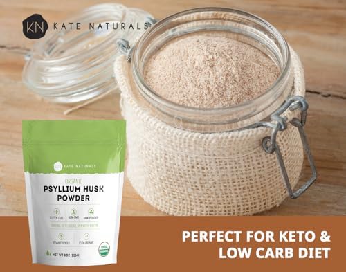 Kate Naturals Psyllium Husk Powder for Fiber and Baking Bread, 12oz | Organic, Gluten Free, Fine Ground, For Digestion, Mixes Easily with Juice & Smoothies