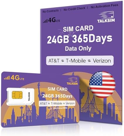 Data SIM Card 24GB 365Days Works with Verizon, AT&T and T-Mobile | 4G LTE USA Data Only, Compatible with Unlocked Security Camera/Router/Mobile WiFi Hotspot/Tablet/Trail Devices