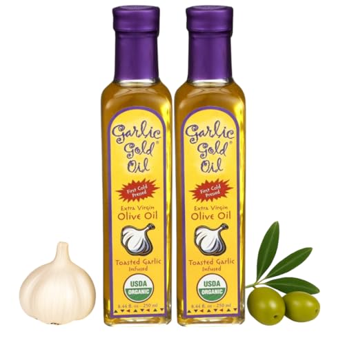 Garlic Gold Extra Virgin Olive Oil Infused with Garlic, Premium Certified USDA Organic, Low FODMAP, Cold Pressed (250 mL, 6 Pack) | 8.44 Fl Oz - 250 ml (6 Pack), First Cold Pressed, Hand Crafted, Artisanal, USDA Organic, Low FODMAP, Gluten Free