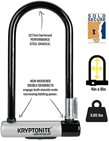 Kryptonite Kryptolok Standard Bike U-Lock, 12.7mm Shackle, 4ft Cable | Heavy Duty Anti-Theft Bicycle Lock with Mounting Bracket, 2 Keys & Disc-Style Cylinder, Sold Secure Silver Certified