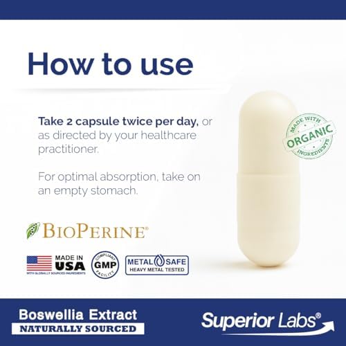 Superior Labs Boswellia Serrata Extract 500mg – 65% Boswellic Acids, Pure Non-GMO, Zero Fillers, Indian Frankincense