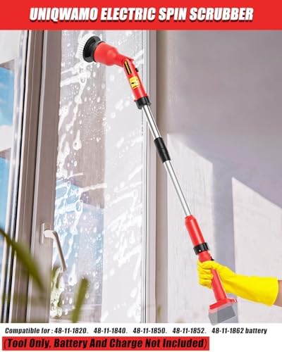 Uniqwamo Electric Spin Scrubber Compatible for Milwaukee 18V Battery | 1000 RPM Battery Powered Scrubber with Adjustable Extension Arm & 8 Brushes &