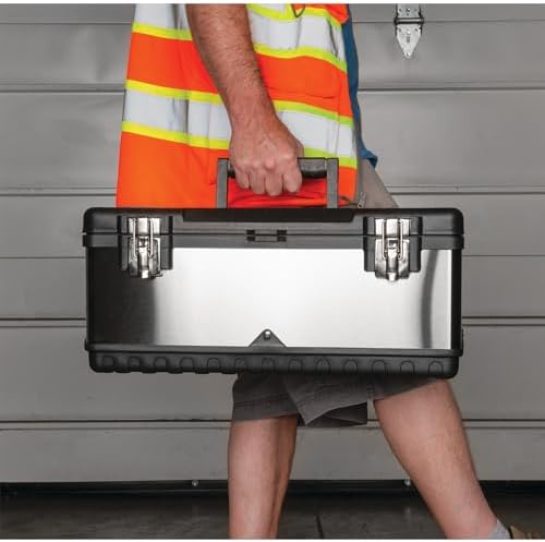 Performance Tool W54026 26 in. Steel Tool Box with Removable Tote | Heavy duty steel storage box and organizer. Recessed ergonomic comfort handle. Strong double latch with padlock eyehole