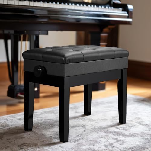 AW Adjustable Piano Bench with Storage Brown Wooden Keyboard Stool Seat | Leather Cushion Paino Chair for Piano Shop Music School Studio Capacity 400lbs
