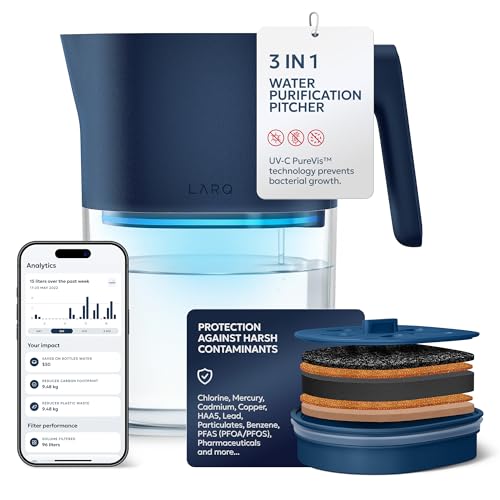 LARQ PureVis 3-in-1 Water Filter Pitcher, UV-C Purifier & App, 8 Cup,M.Blue | Water purifier pitcher & fridge water jug: removes lead & PFAS, keeps minerals, self-cleans UV-C, tracks filter life & intake