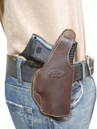 New Barsony Brown Leather OWB Belt Clip Holster for Compact, Sub Compact 9mm 40 45