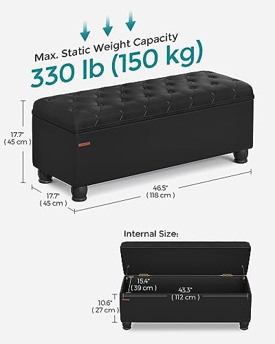 SONGMICS Storage Ottoman, 46.5 Inches Bedroom Bench, Solid Wood Legs