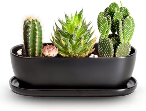 E-liu 11 Inch Oval Ceramic Planter Pot with Drainage Hole Saucers