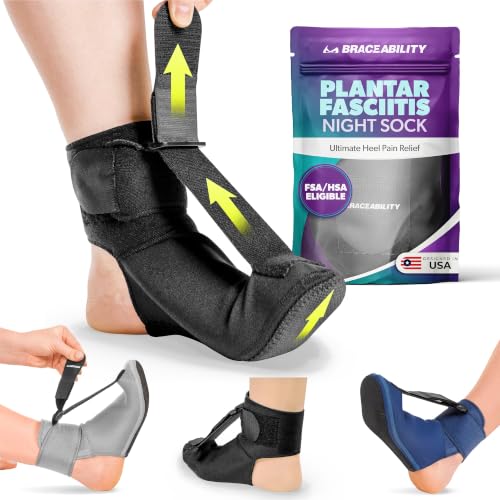 BraceAbility Plantar Fasciitis Night Splint Sock - Plantar Fascia Boot for Sleeping, Achilles Tendonitis Relief, Foot Drop, Heel Pain - Planter Facetious Brace for Women and Men - Black (L)