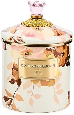 MACKENZIE-CHILDS Enamel Canister, Small, Wild Rose Brown | Hand-applied design, made from enameled steel, versatile kitchen storage container for flour and sugar, 38-ounce capacity