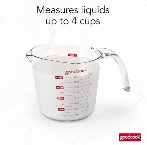 GoodCook Everyday 4-Cup Liquid Measuring Cup, Clear Plastic with Easy-to-Read Markings, Tapered Pour Spout, Comfortable Handle, Measures in Cups, Ounces, Pints, and Milliliters