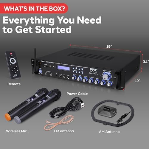 Pyle Bluetooth Home Audio Power Amplifier -4 Ch. 3000W, Stereo Receiver w/Speaker Selector, FM Radio, USB, Headphone, 2 Wireless Mics for Karaoke