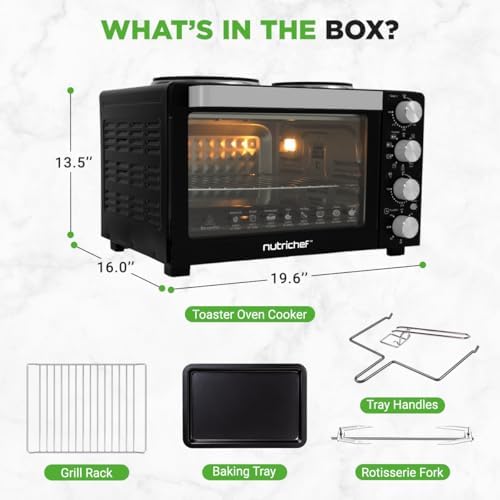 NutriChef 30 Quart Kitchen Convection Oven & 2 Burner Cooker - 1500 Watt Oven - 7 Cook Functions Rotisserie, Cook, Bake
